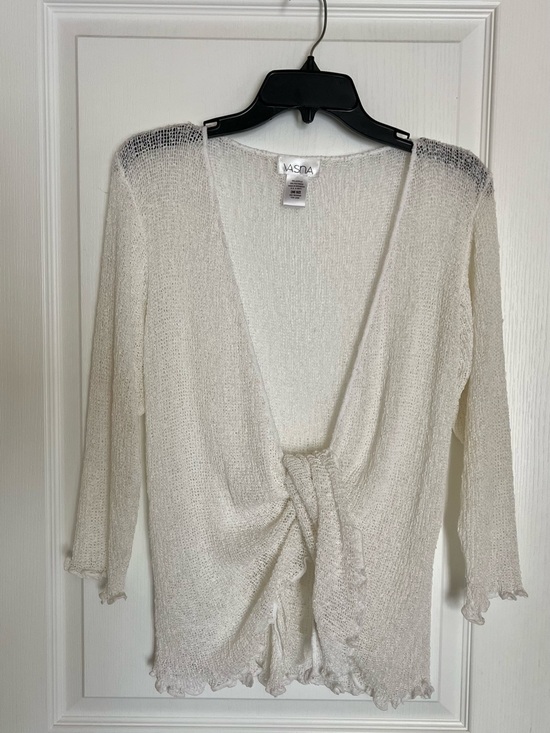 Vasna Sweaters - Romantic Ethereal Sheer Knit Tie-Front Cardigan-Boho Mesh Shrug Lettuce Edge